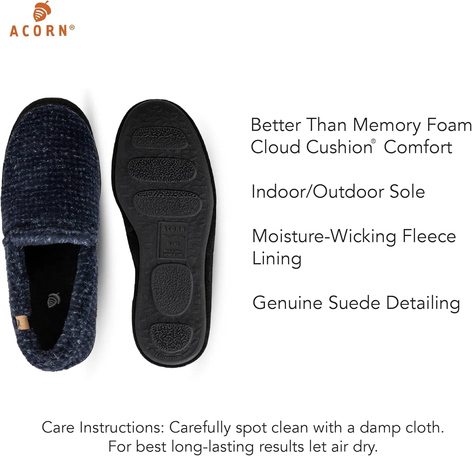 Acorn Men's Slippers with Memory Foam Insole Suede Sidewall and Rubber Outsole