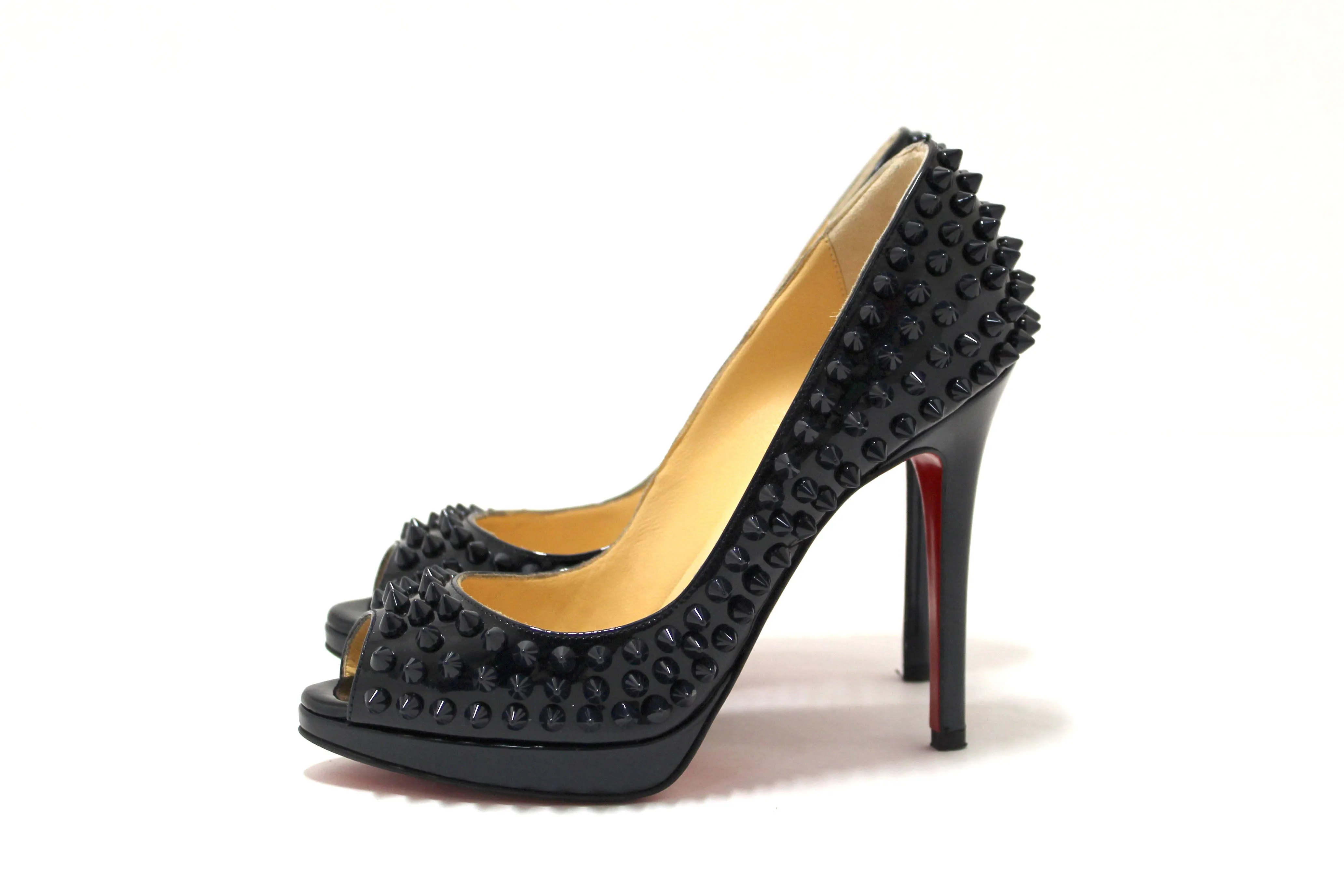 Authentic Christian Louboutin Blue Patent Leather Yolanda Spikes Peep Toe Pumps Size 34.5