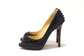 Authentic Christian Louboutin Blue Patent Leather Yolanda Spikes Peep Toe Pumps Size 34.5