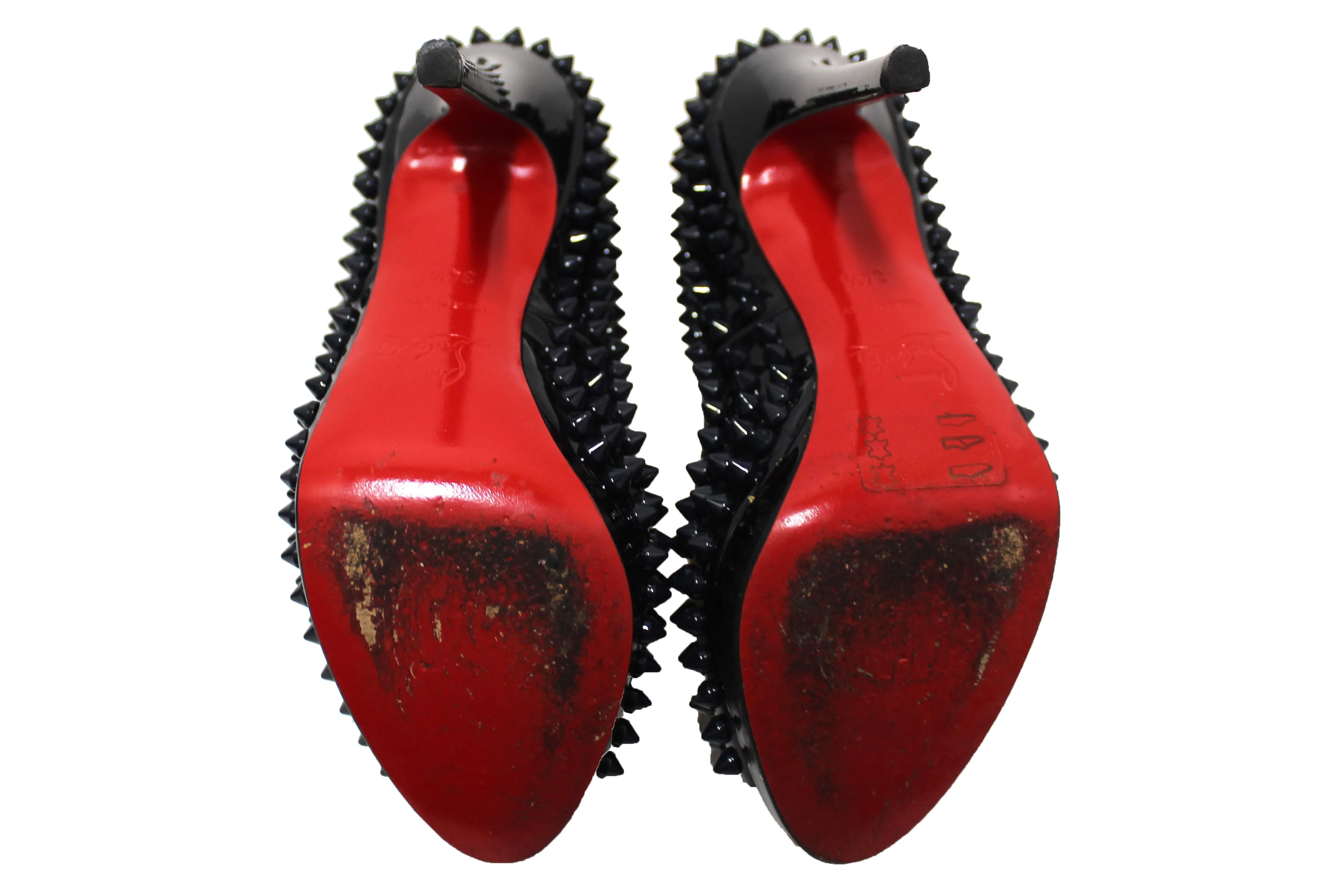 Authentic Christian Louboutin Blue Patent Leather Yolanda Spikes Peep Toe Pumps Size 34.5