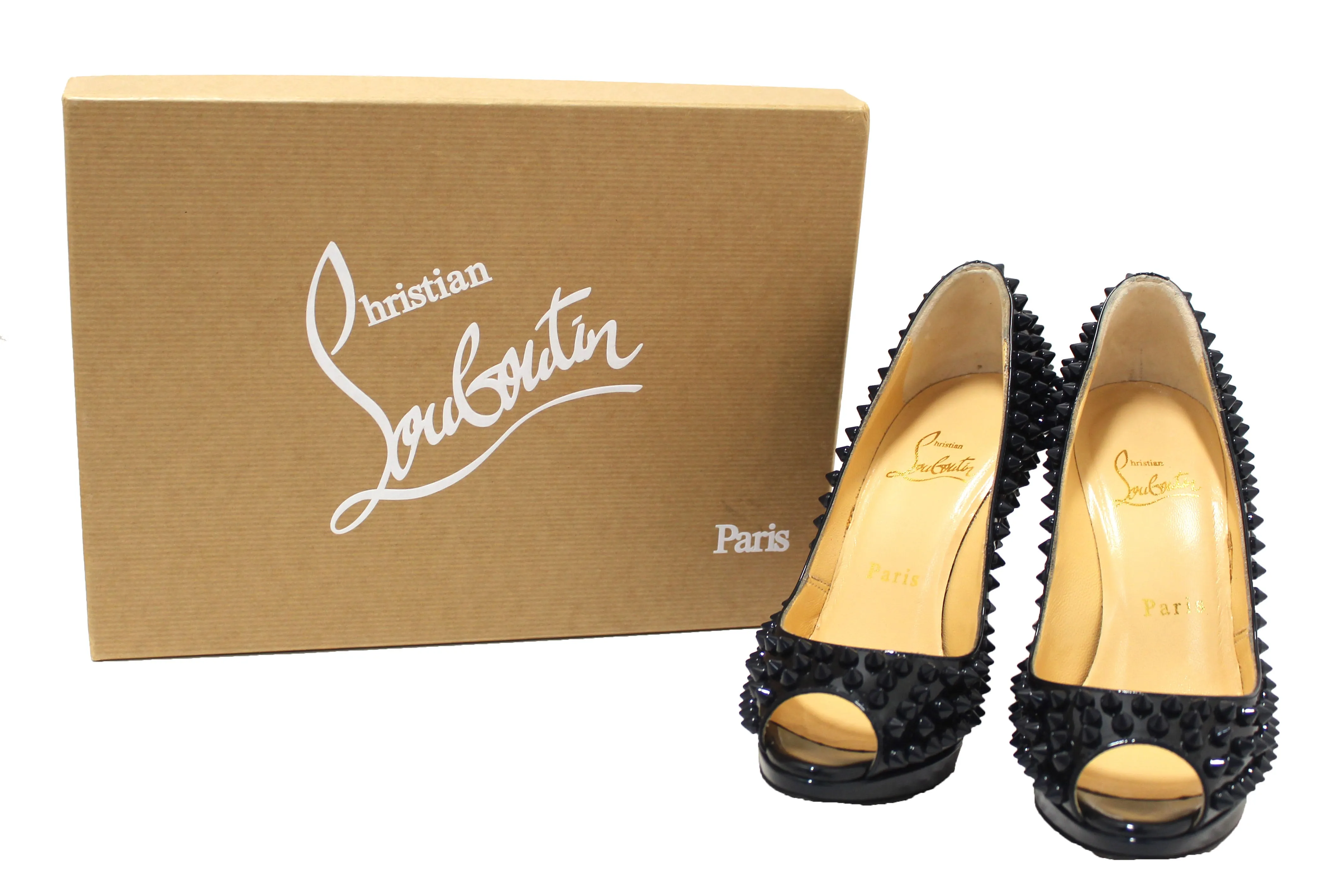 Authentic Christian Louboutin Blue Patent Leather Yolanda Spikes Peep Toe Pumps Size 34.5