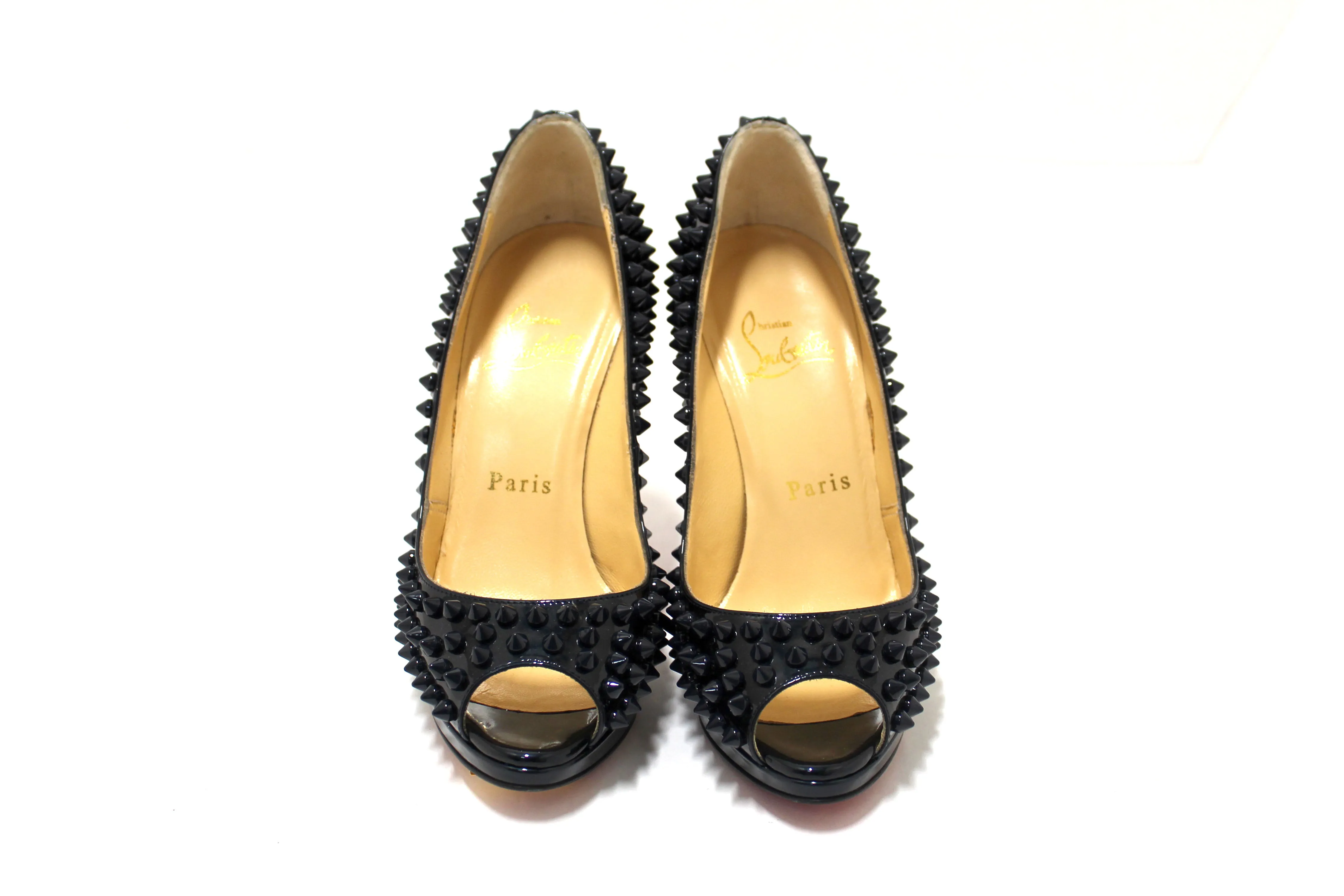 Authentic Christian Louboutin Blue Patent Leather Yolanda Spikes Peep Toe Pumps Size 34.5