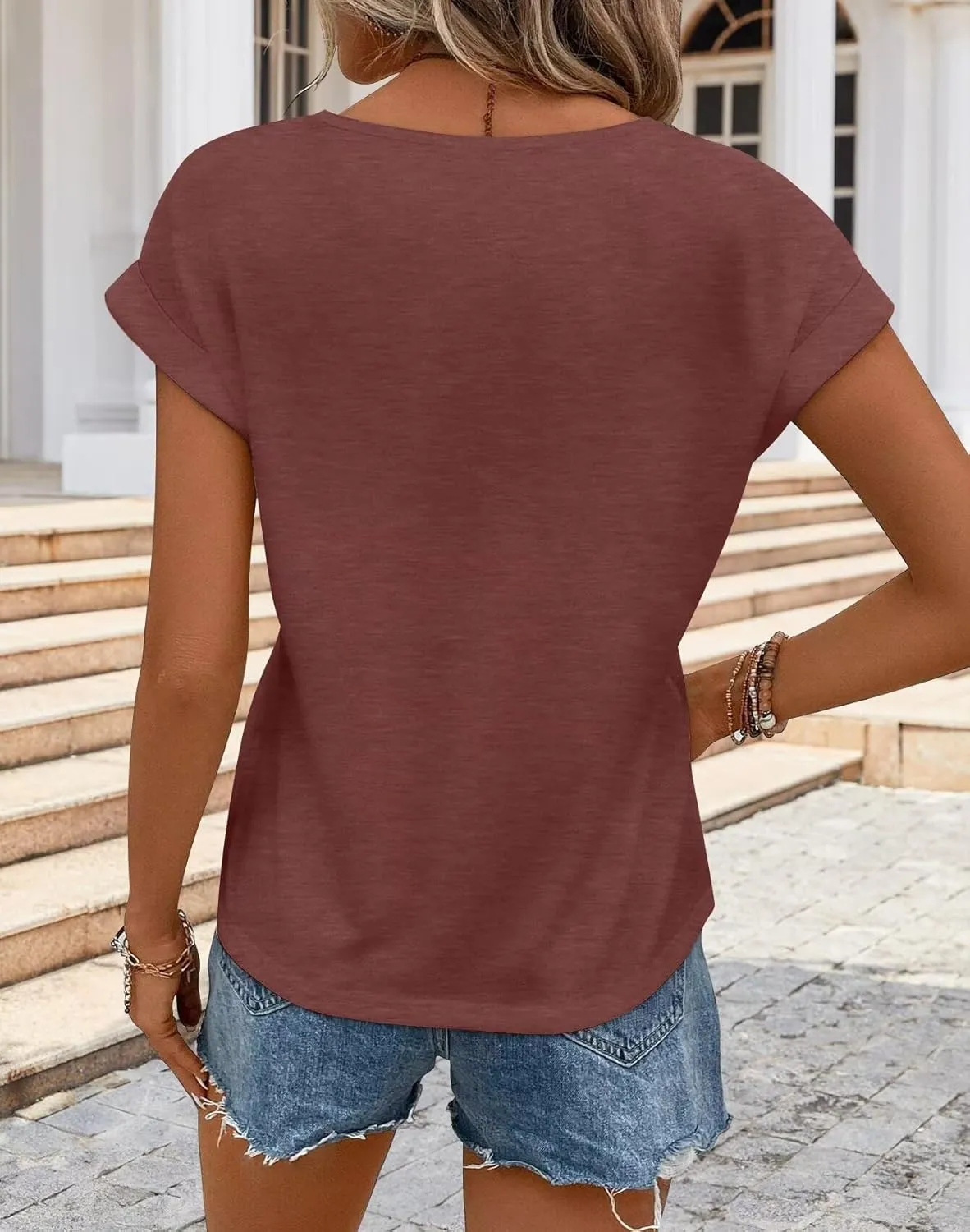Bliwov Womens T Shirts Spring Summer Tops Cap Sleeve Crew Neck Casual Business Dressy Blouses Beach Clothes Fashion Outfits