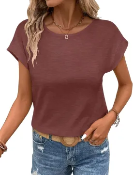 Bliwov Womens T Shirts Spring Summer Tops Cap Sleeve Crew Neck Casual Business Dressy Blouses Beach Clothes Fashion Outfits