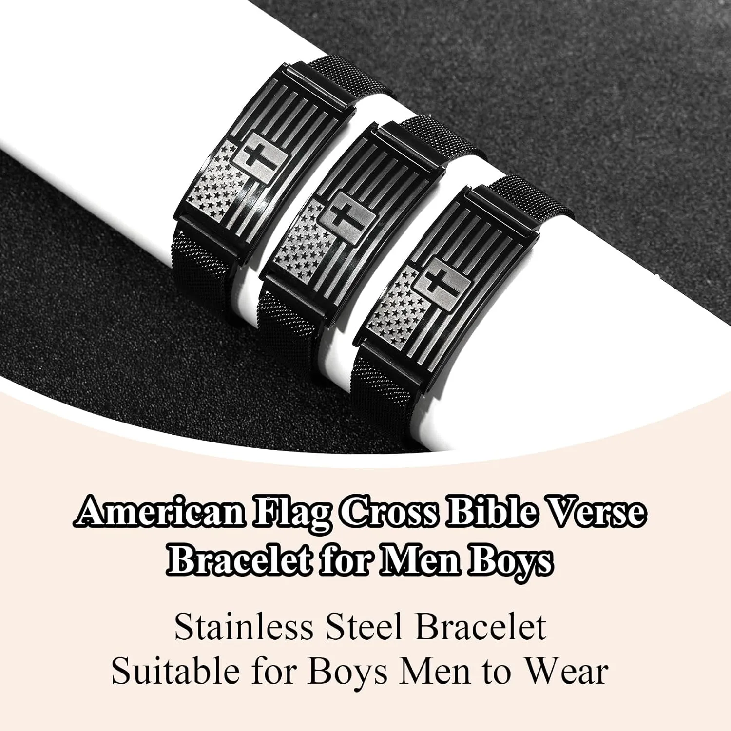 Flag Cross Bible Verse Bracelets for Men Inspirational Christian Wristbands Religious Gifts Adjustable Stainless Steel Bracelet