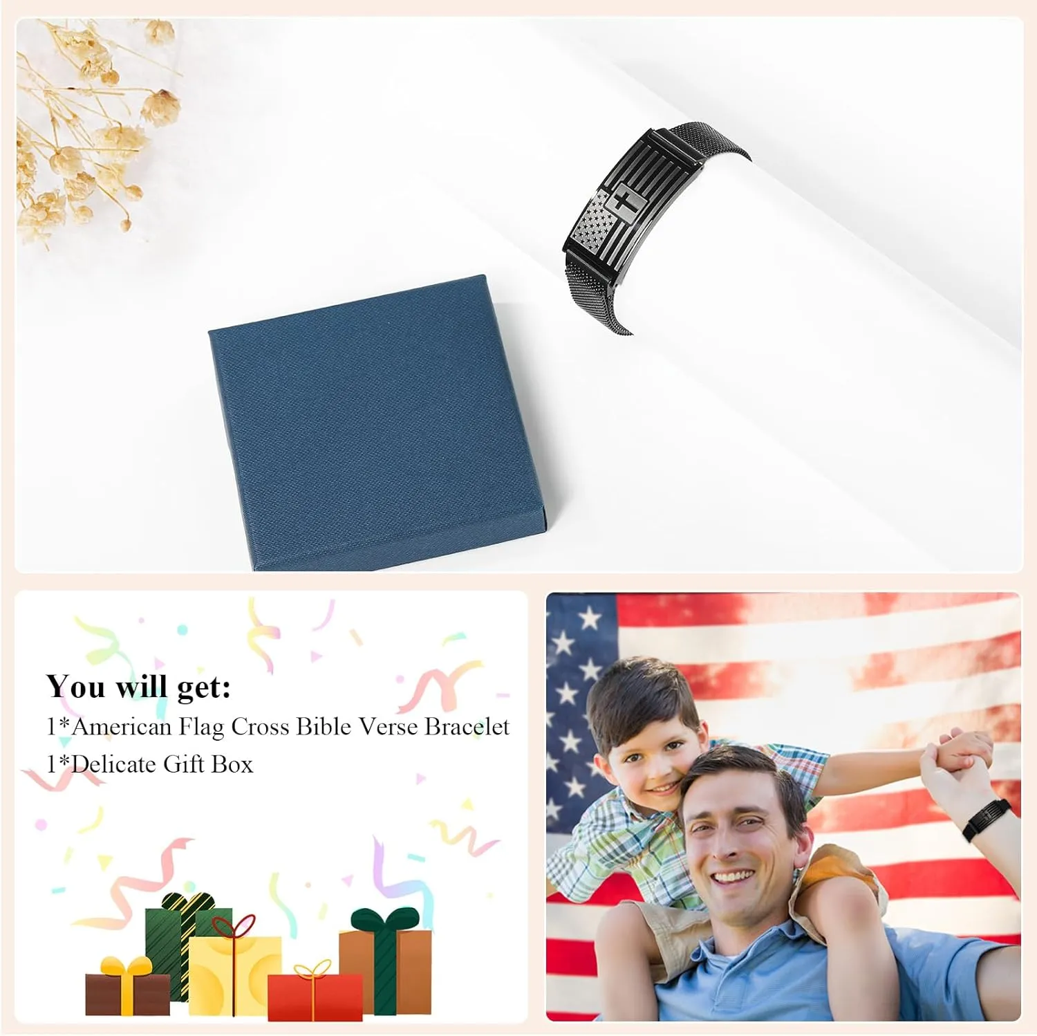 Flag Cross Bible Verse Bracelets for Men Inspirational Christian Wristbands Religious Gifts Adjustable Stainless Steel Bracelet