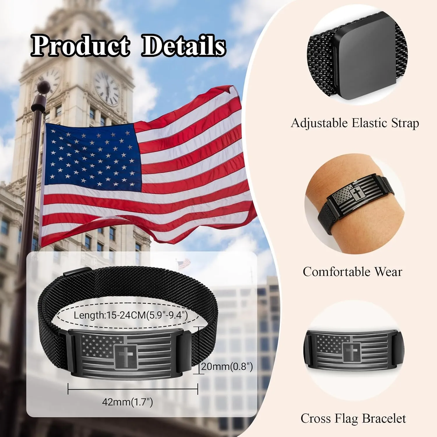 Flag Cross Bible Verse Bracelets for Men Inspirational Christian Wristbands Religious Gifts Adjustable Stainless Steel Bracelet