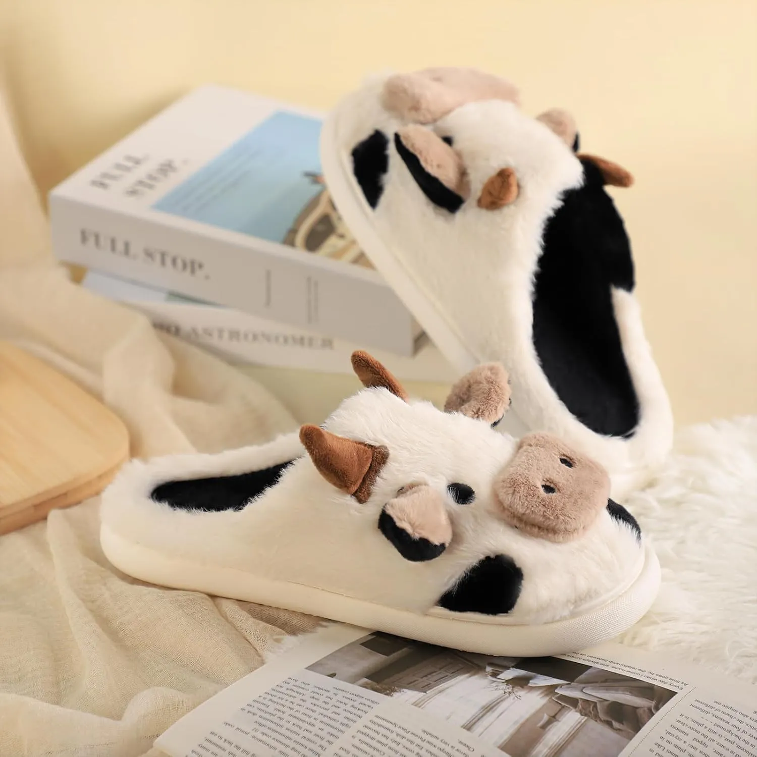 Gaolinci Cartoon Cow Cotton Slippers, Winter Indoor Outdoor Slippers for Women