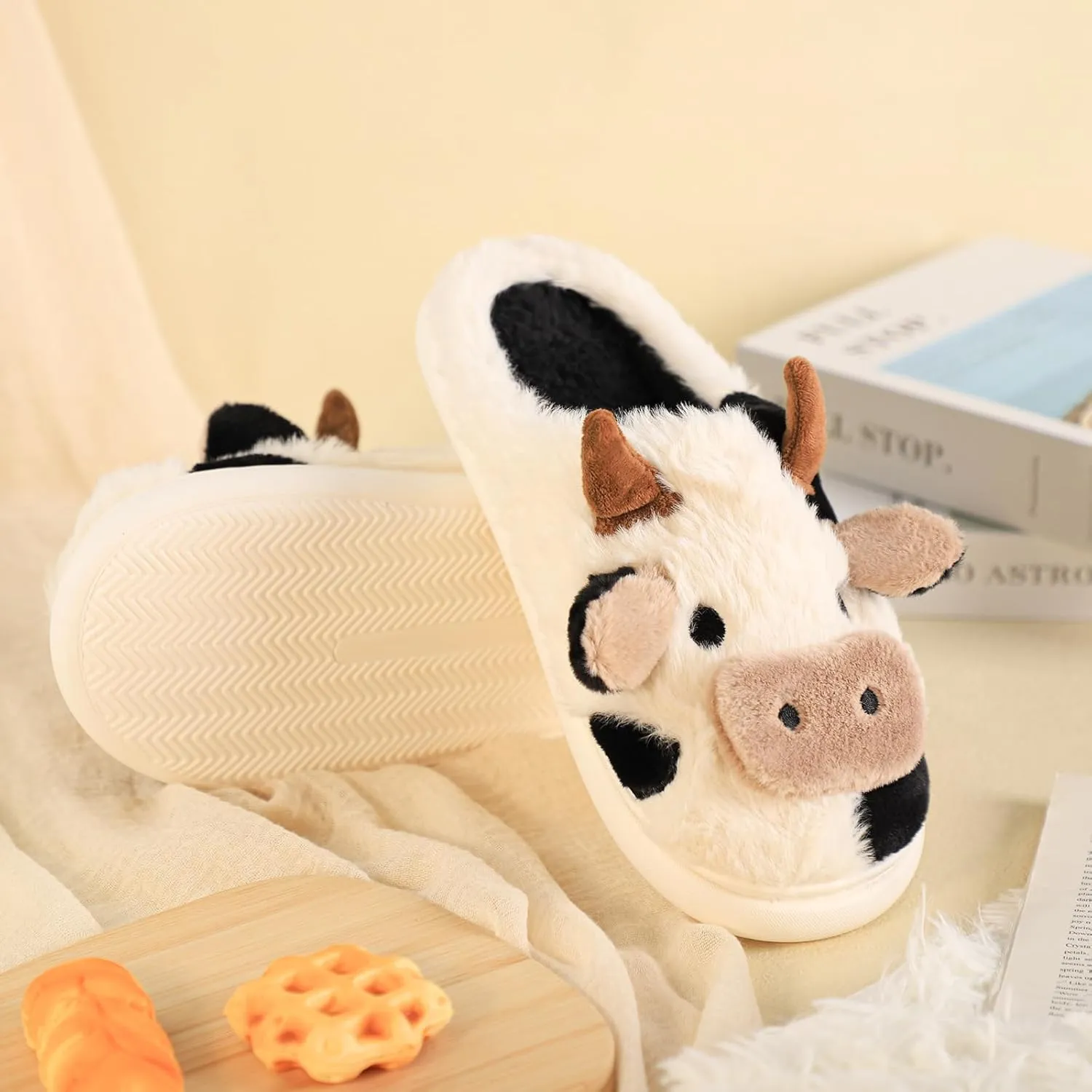 Gaolinci Cartoon Cow Cotton Slippers, Winter Indoor Outdoor Slippers for Women