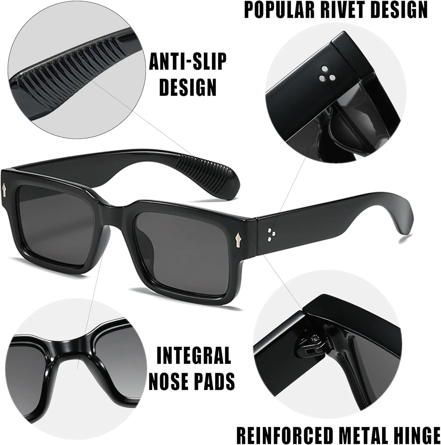 Kursan Square Thick Frame Black Sunglasses for Men Women Trendy Rectangle Sun Glasses Shades UV400 Protection