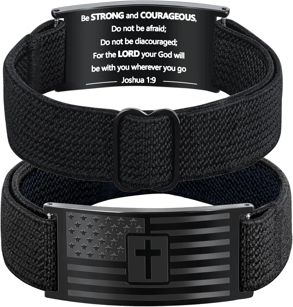Mens Bracelet - American Flag Christian Cross Bracelet with Bible Verse, Adjustable Black Elastic Stretch Strap - Graduation Birthday Gifts for Men Boys