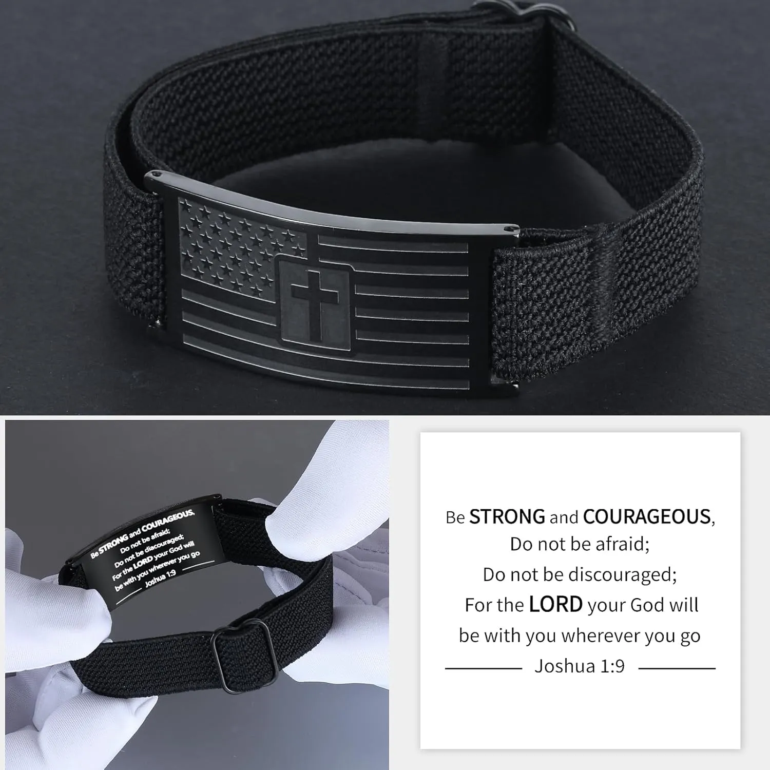 Mens Bracelet - American Flag Christian Cross Bracelet with Bible Verse, Adjustable Black Elastic Stretch Strap - Graduation Birthday Gifts for Men Boys