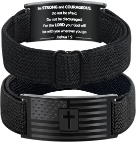 Mens Bracelet - American Flag Christian Cross Bracelet with Bible Verse, Adjustable Black Elastic Stretch Strap - Graduation Birthday Gifts for Men Boys
