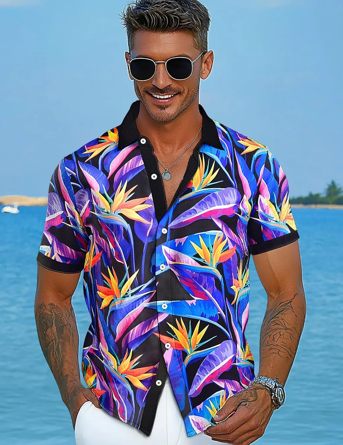 Men's Hawaiian Printed Short Sleeve Shirts Tropical Floral Button Down Aloha Holiday Shirt Vacation Casual Beach Clothings