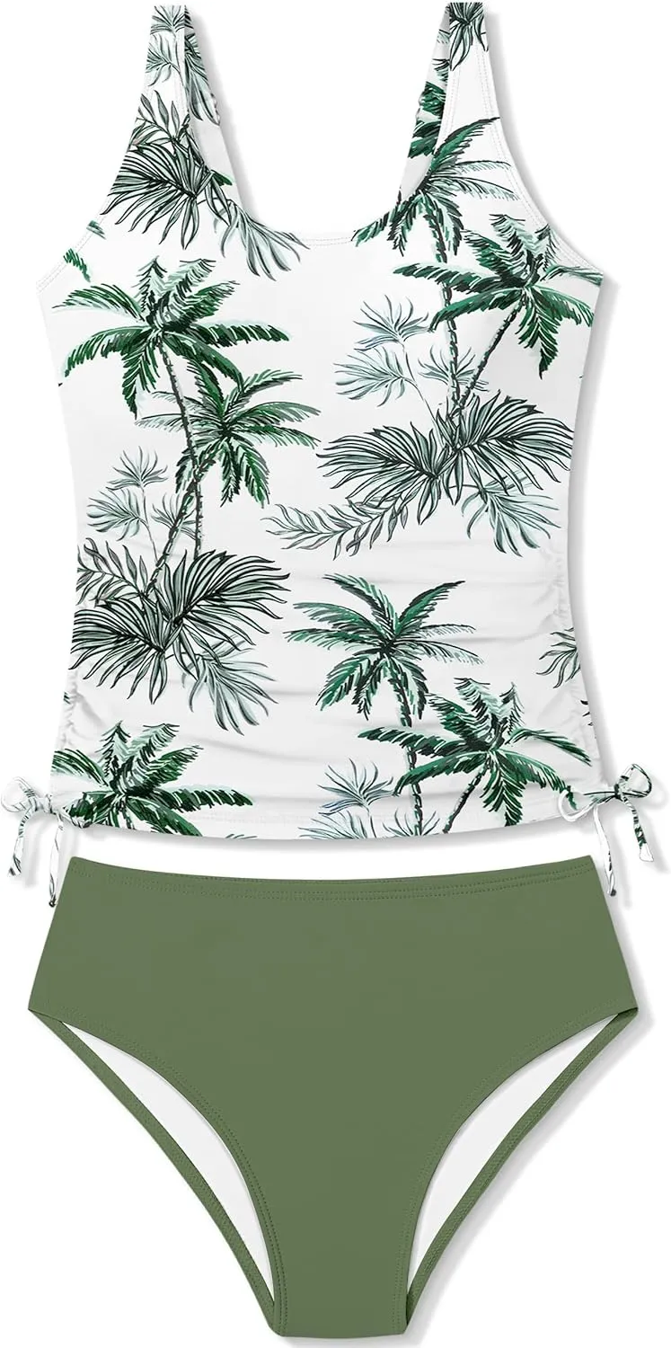 Qaoerde Girls Swimsuit Two Piece Girls Tankini Swimsuit Drawstring Printed Bathing Suit Ruched Swimwear Set 9-16 Years