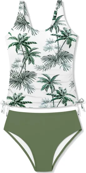 Qaoerde Girls Swimsuit Two Piece Girls Tankini Swimsuit Drawstring Printed Bathing Suit Ruched Swimwear Set 9-16 Years