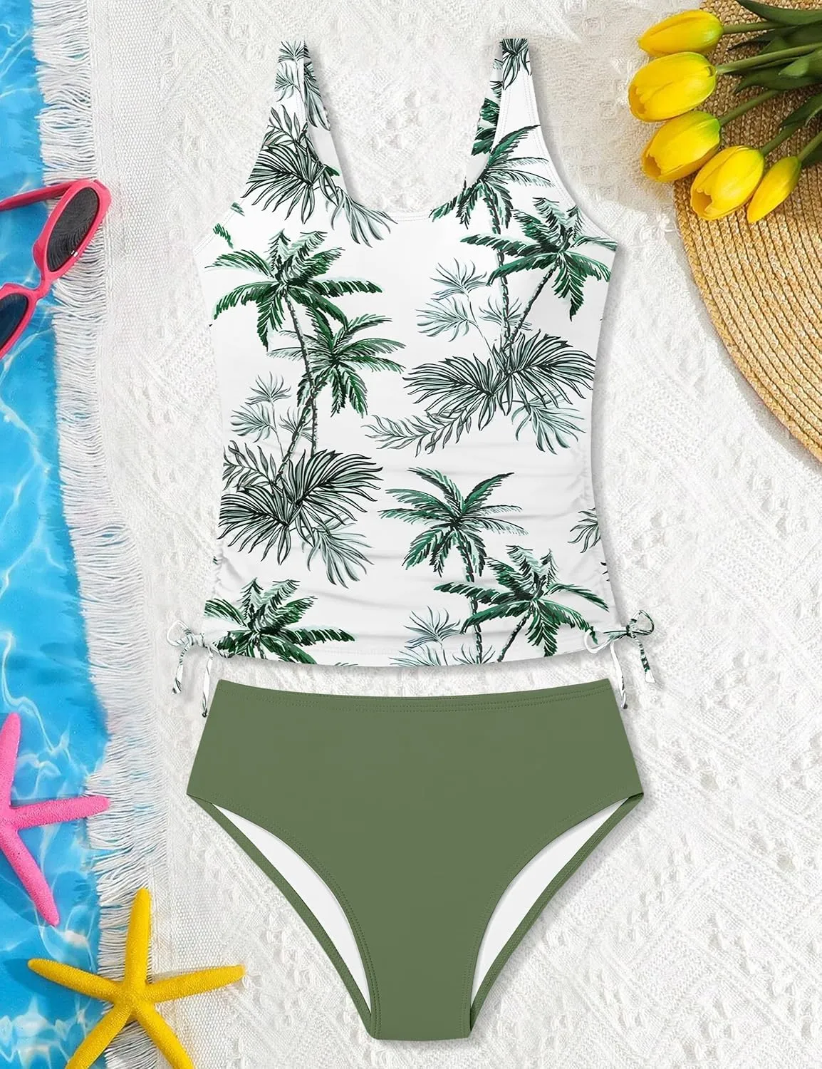 Qaoerde Girls Swimsuit Two Piece Girls Tankini Swimsuit Drawstring Printed Bathing Suit Ruched Swimwear Set 9-16 Years