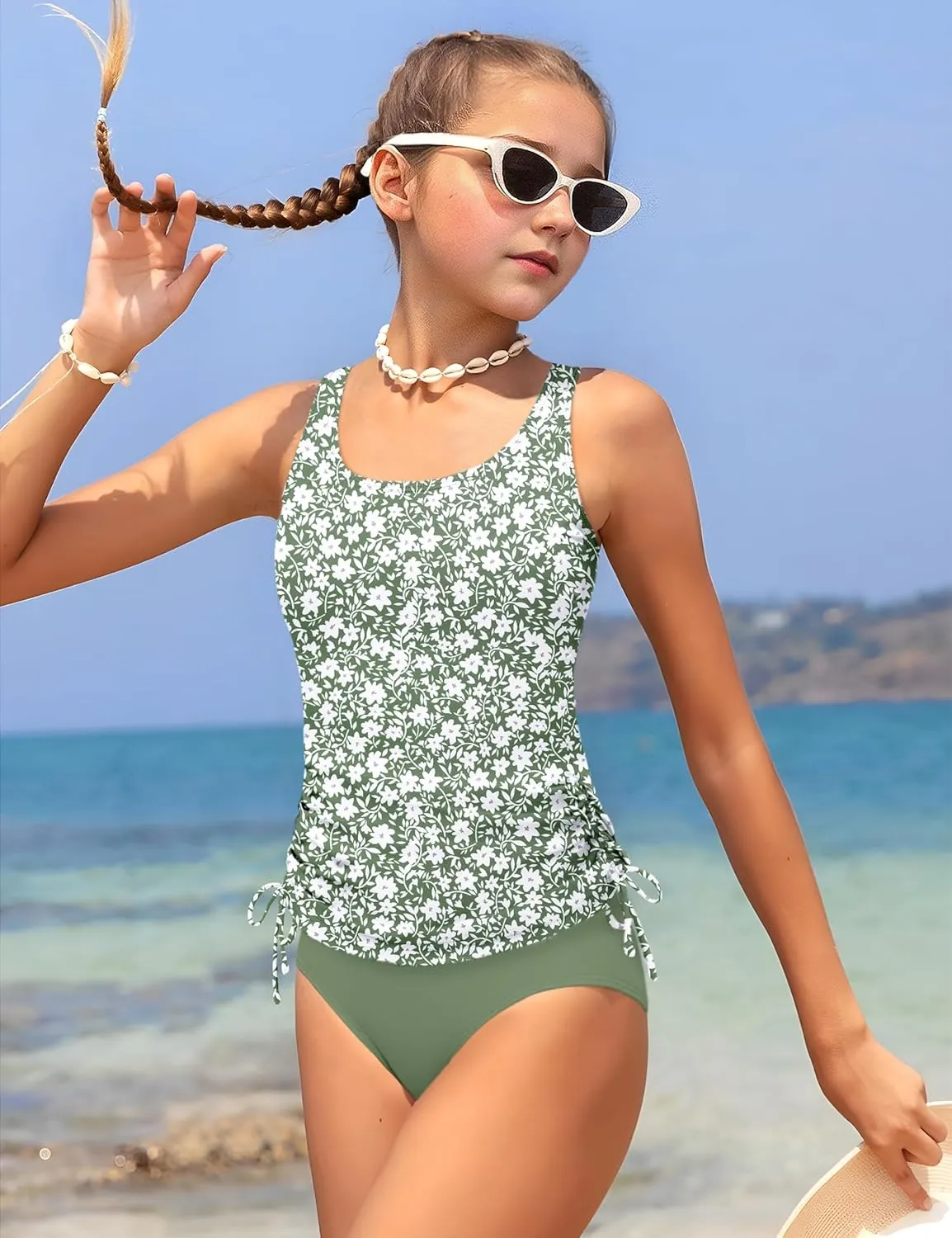 Qaoerde Girls Swimsuit Two Piece Girls Tankini Swimsuit Drawstring Printed Bathing Suit Ruched Swimwear Set 9-16 Years