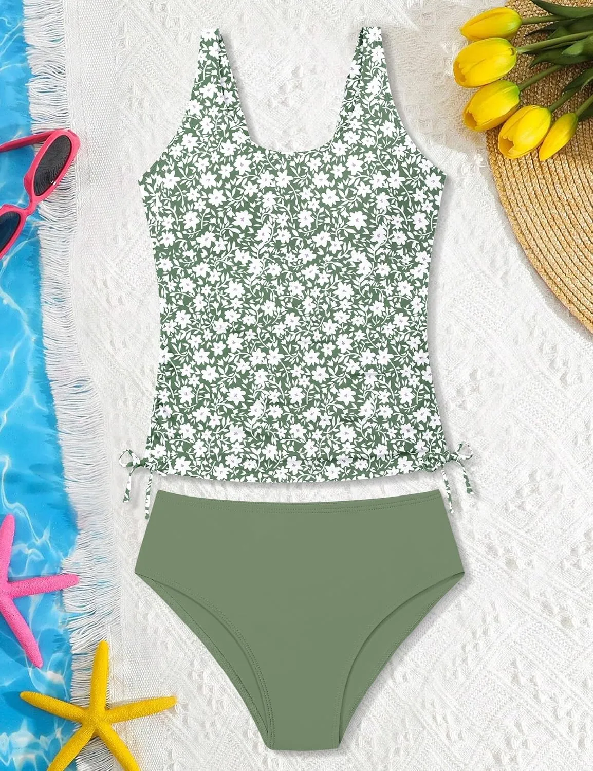 Qaoerde Girls Swimsuit Two Piece Girls Tankini Swimsuit Drawstring Printed Bathing Suit Ruched Swimwear Set 9-16 Years