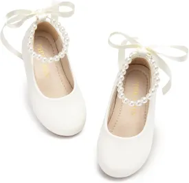 Toddler Flower Girl Dress Shoes - Little Girl Ballet Flats Pearl Strap for Wedding Party